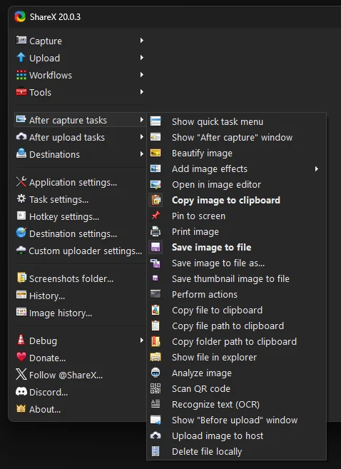 After capture tasks — bold items are on; a fresh install only copies and saves