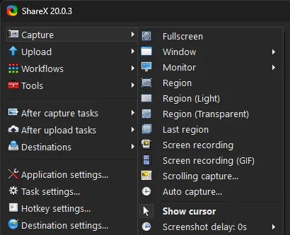 The Capture menu — every method in it can be bound to a key