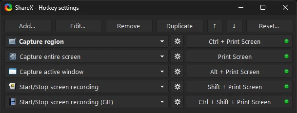 ShareX's default hotkeys — a green dot means Windows accepted the key