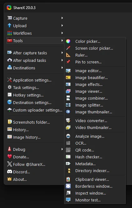 The Tools menu — colour picker, ruler, pin to screen, OCR, QR codes and more